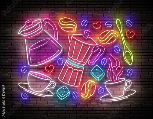 Vintage Glow Signboard with Different Types of Coffee