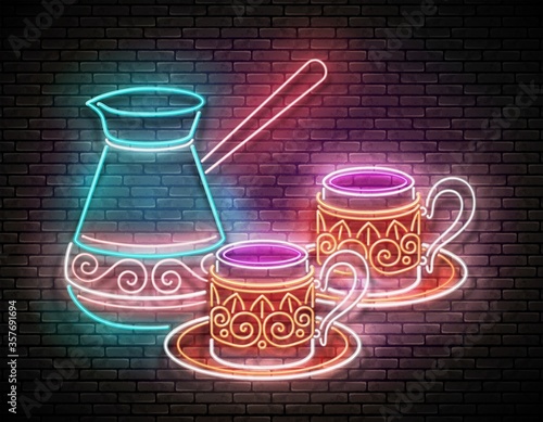 Vintage Glow Signboard with Decorated Cezve and Cup of Coffee