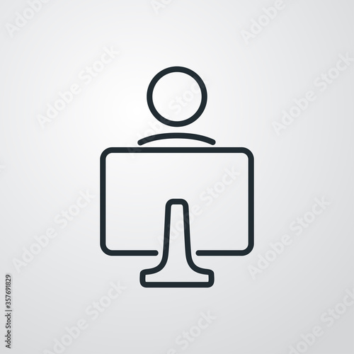 Concepto lugar de trabajo. Icono plano lineal hombre con pantalla de ordenador en fondo gris