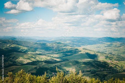 summer mountain landscape, forest, clouds