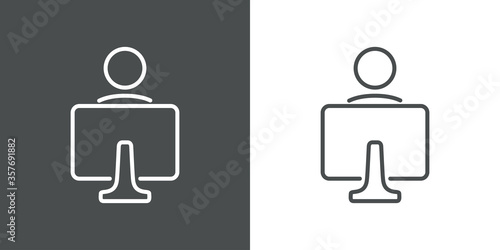 Concepto lugar de trabajo. Icono plano lineal hombre con pantalla de ordenador en fondo gris y fondo blanco