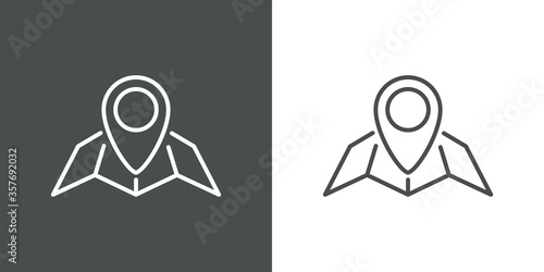 Concepto buscar dirección. Icono plano lineal mapa con puntero en fondo gris y fondo blanco