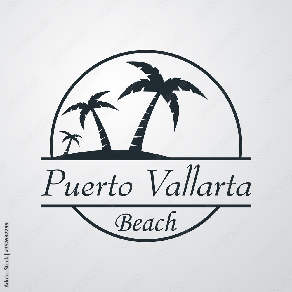 Símbolo destino de vacaciones. Icono plano texto Puerto Vallarta Beach en círculo en fondo gris