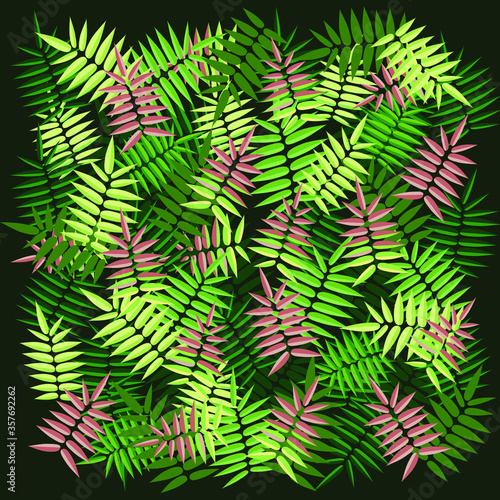 Botanical pattern with green and pink leafs on black background with empty space for text