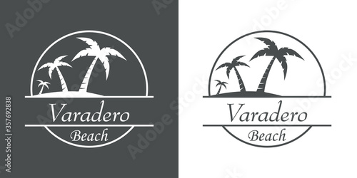 Símbolo destino de vacaciones. Icono plano texto Varadero Beach en círculo en fondo gris y fondo blanco