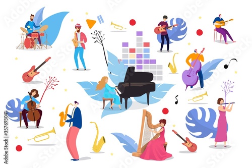 People playing on musical instruments, vector illustration. Man woman character musician with piano, guitar, saxophone, cello, viola and drums, harp, flute. Band concert, favorite work.