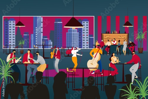 People listen to musician in modern design cafe, vector illustration. Music band perform at restaurant, jazz music with lady singer, man play on contrabass and saxophone. Cozy evening in bar.