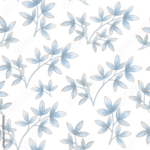 Seamless botanical pattern of watercolor leaves on a white background. Delicate watercolor painted leaves for design.