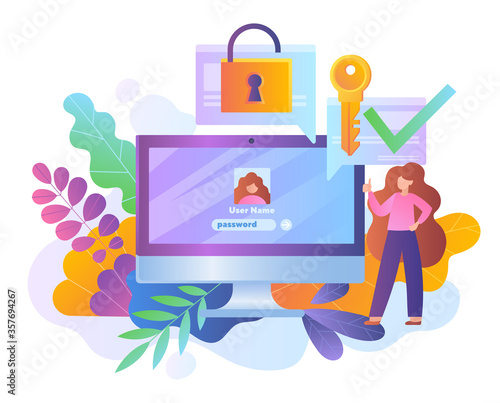Password protection online with security icons and a young woman standing aside a digital device with log in screen, colored vector illustration