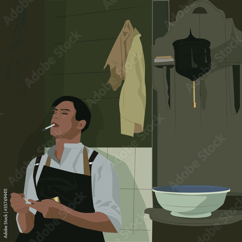tired male doctor smoking in a wooden house vector illustration