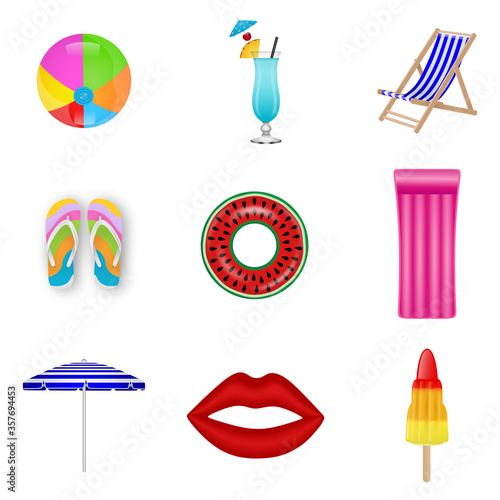 Set of isolated summer elements. Beach ball,  cocktail, deck chair, flip flop shoes, rubber ring, inflatable mattress, beach umbrella,  lips mattres and ice cream