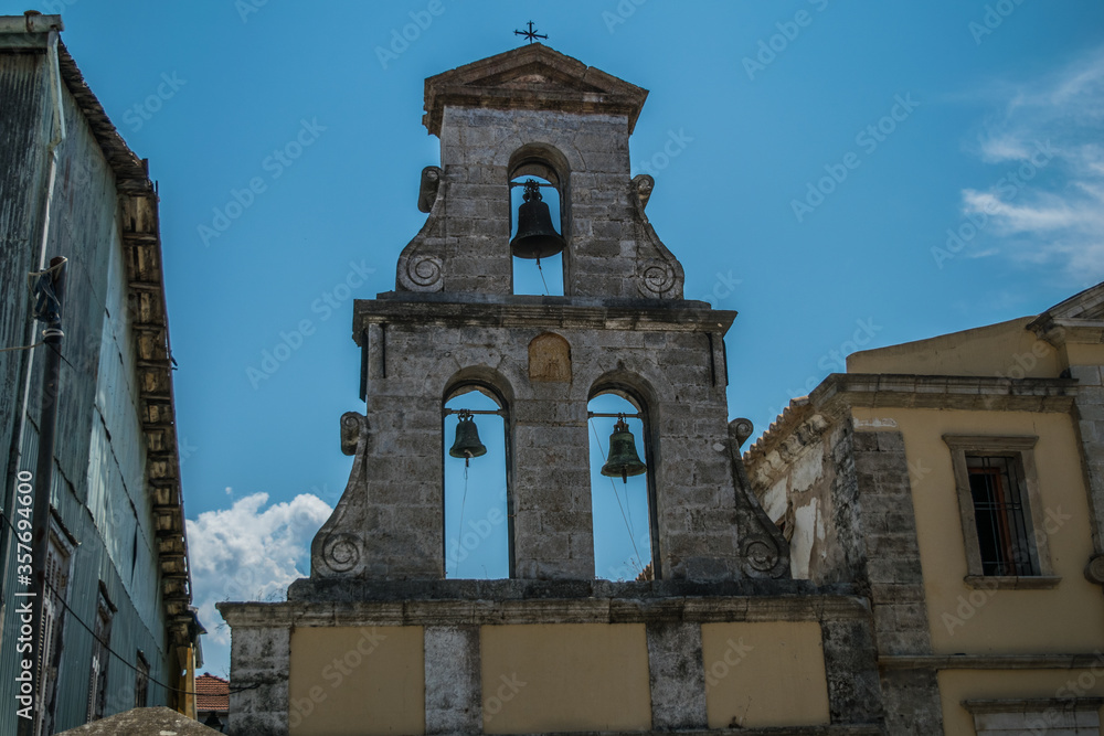 Bell tower with 3 bells in Lefkada, Greece
