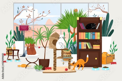 Pet accessories products in home interior, vector illustration. Room design for cats, simple care about animal. Comfortable furniture at apartment, flat toys, cat bowl and plant decoration.