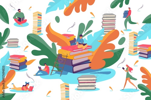 Reading book people in library, vector illustration. Man woman character study literature, knowledge education. Student flat bookworm learning with textbook stack, colorful information design.