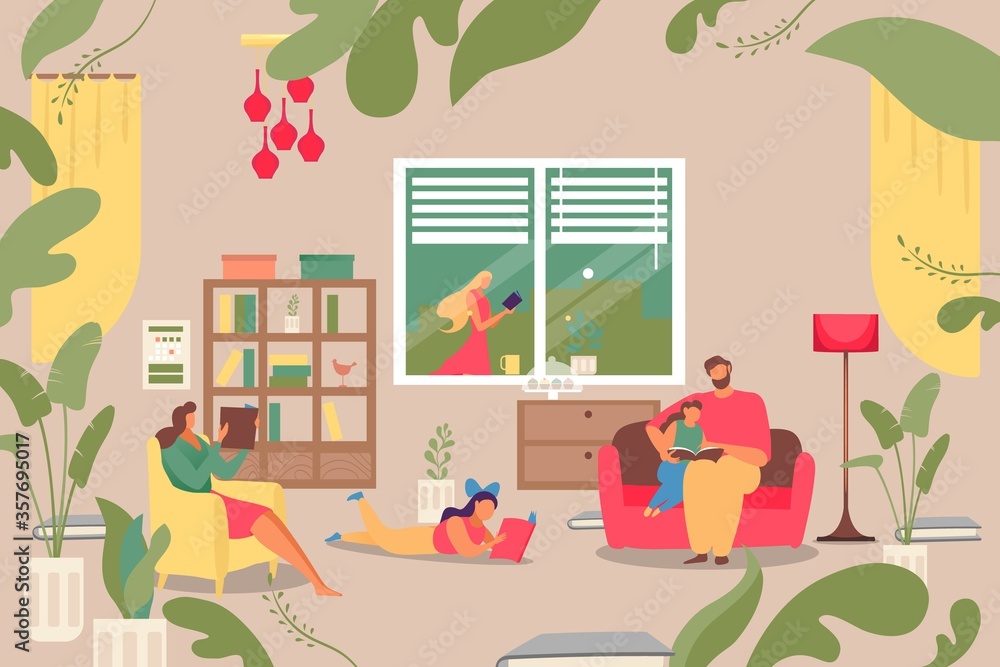 Family reading book at home, vector illustration. Cartoon woman man character together at house. Happy flat people in room, father and daughter at sofa, indoor leisure. Cozy room design.