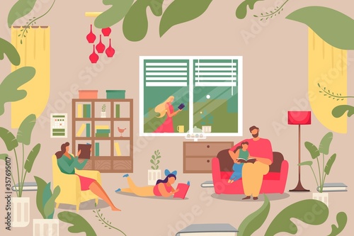 Family reading book at home, vector illustration. Cartoon woman man character together at house. Happy flat people in room, father and daughter at sofa, indoor leisure. Cozy room design.