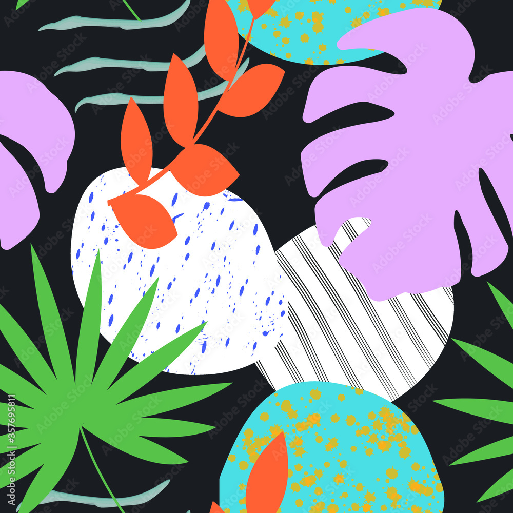Plakat pattern with abstraction elements and tropical leaves