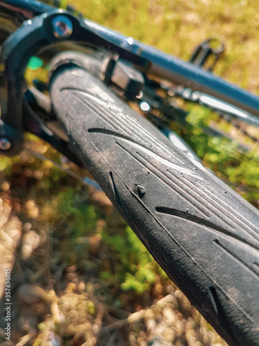 Puncture of a bicycle tire on the road
