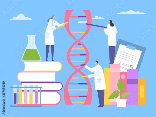 scientist research dna genetic, work with nucleotide concept vector illustration. man and woman character choose DNA component, stand on enlarged book, next to cone with liquid and plant.