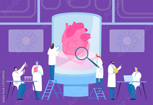 Scientist grow transplantation heart in laboratory, vector illustration. Specialist in white coats grow internal organ in large flask with liquid. Team work in computer, with chemical reagents.