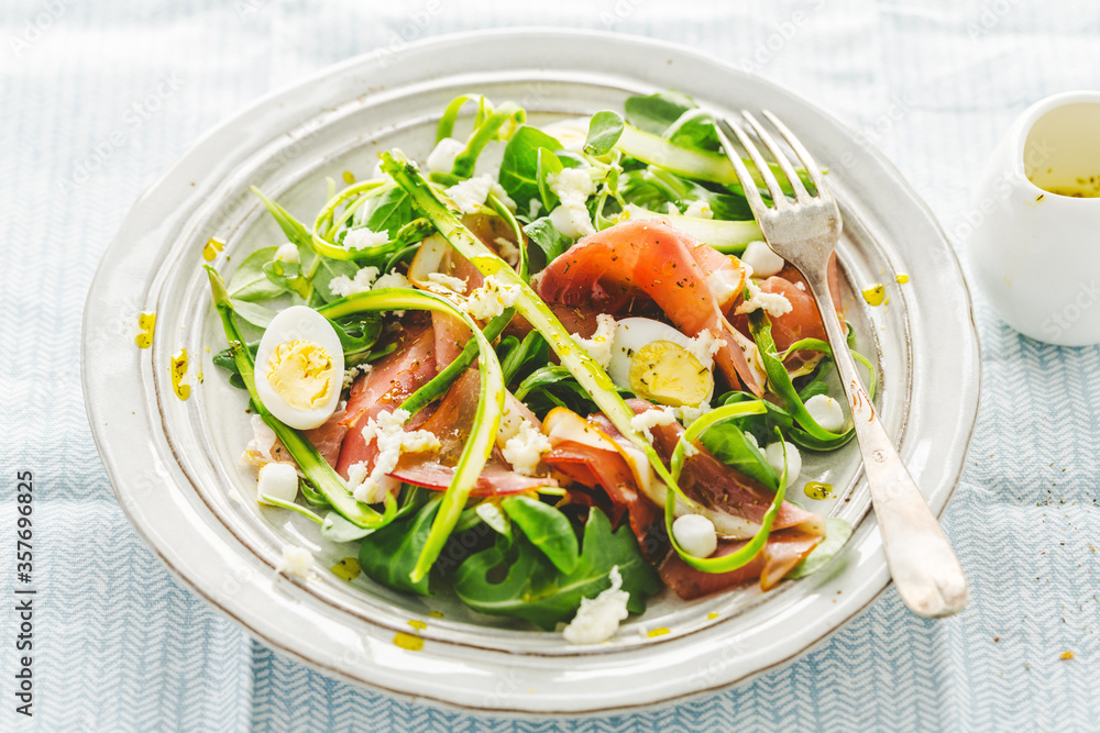 Summer salad with ham, asparagus, eggs and cheese Summer salad with ham, asparagus, eggs and cheese