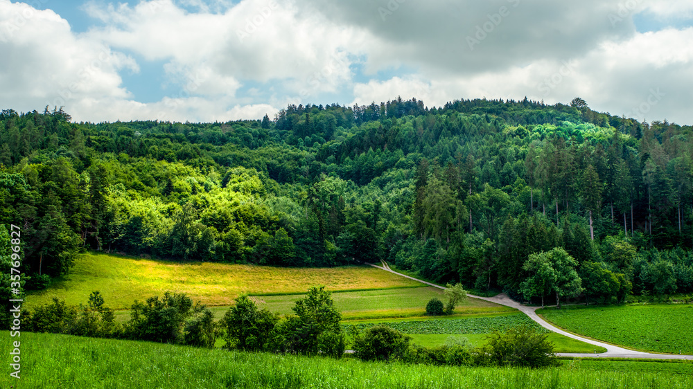 landscape in the summer. Agricultural field, trees, roads, sky and clouds in Switzerland..