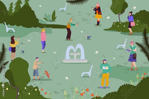People flat character hold smartphones in park, vector illustration. Young flat woman man lifestyle, online social media in internet. Everyday using electronic device and gadget, modern life.
