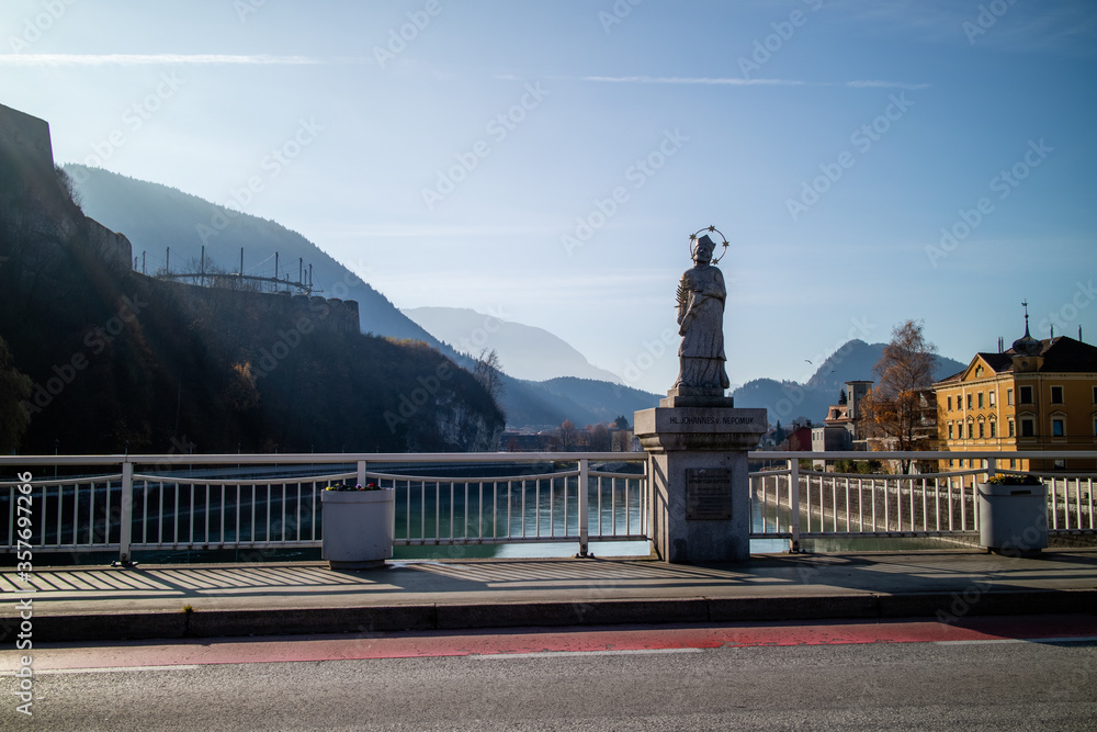Fototapeta premium Historic sightseengs in Kufstein monument on the bridge Johannes Nepomuk, Austria.