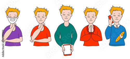 Set of flat vector people with closed eyes and gadgets. Men in different clothes in bright colors, different poses and gestures. Teenager with a phone and bread, stands with a tablet, prays and a mask
