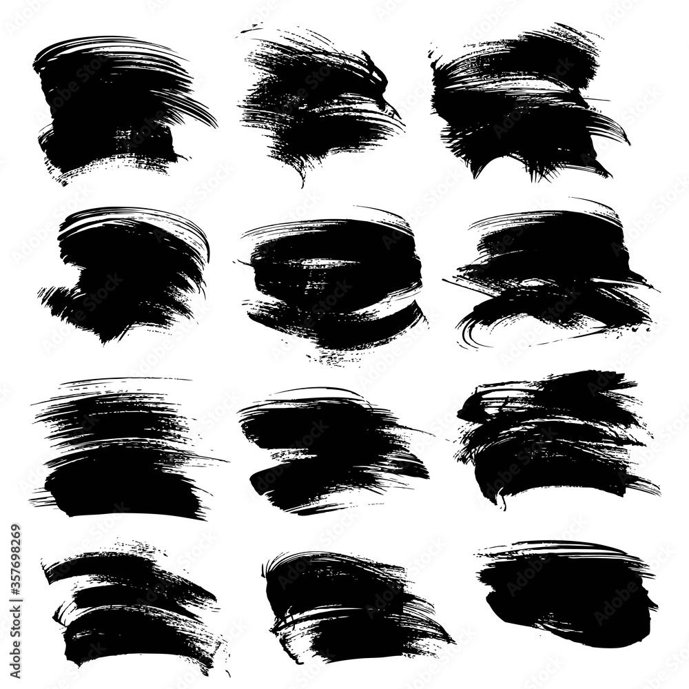 Vector textured brush strokes of black paint set isolated on a white ...