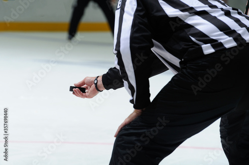 Принти на полотні Ice hockey referee holding a puck preparing for face-off.