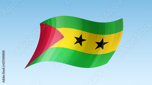 Sao Tome and Principe flag state symbol isolated on background national banner. Greeting card National Day Democratic Republic of Sao Tome and Principe. Illustration banner with realistic state flag.