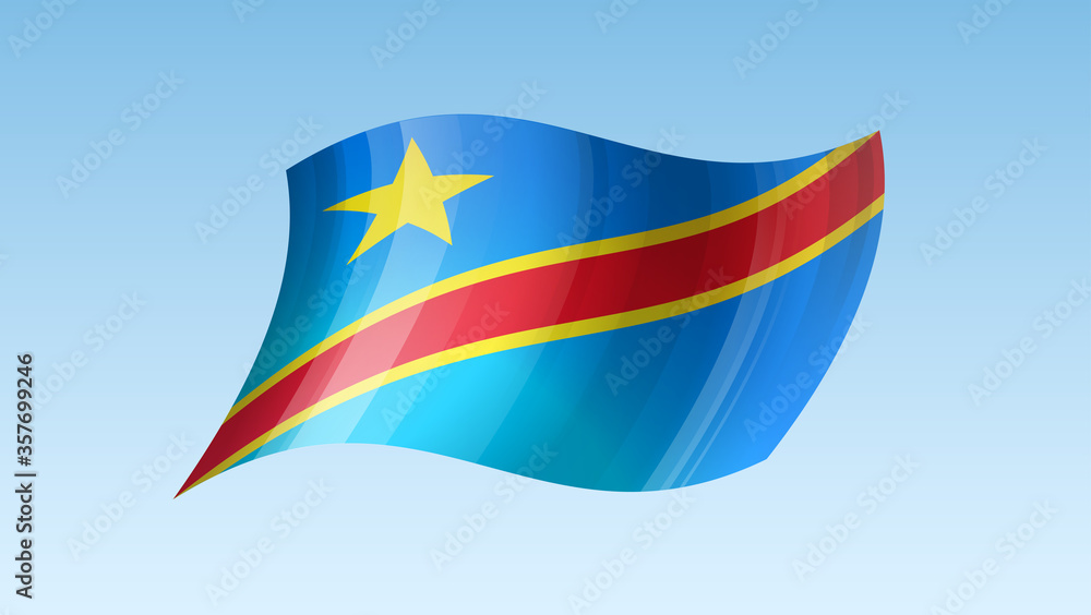 Congo flag state symbol isolated on background national banner. Greeting card National Independence Day of the Democratic Republic of the Congo. Illustration banner with realistic state flag of DRC. Congo flag state symbol isolated on background national banner. Greeting card National Independence Day of the Democratic Republic of the Congo. Illustration banner with realistic state flag of DRC.