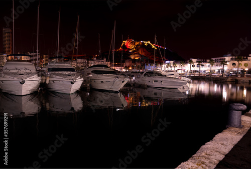 Alicante Marina and Castillo Santa Barbara at night