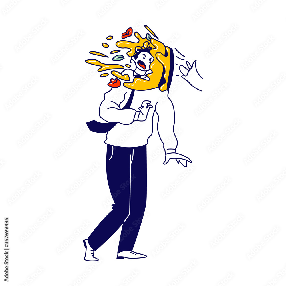 Astonished Business Man Character Got Cake in Face from Colleagues in Office Isolated on White Background. Funny Birthday Celebration, Crazy Festive Surprise Concept. Linear Vector Illustration Astonished Business Man Character Got Cake in Face from Colleagues in Office Isolated on White Background. Funny Birthday Celebration, Crazy Festive Surprise Concept. Linear Vector Illustration