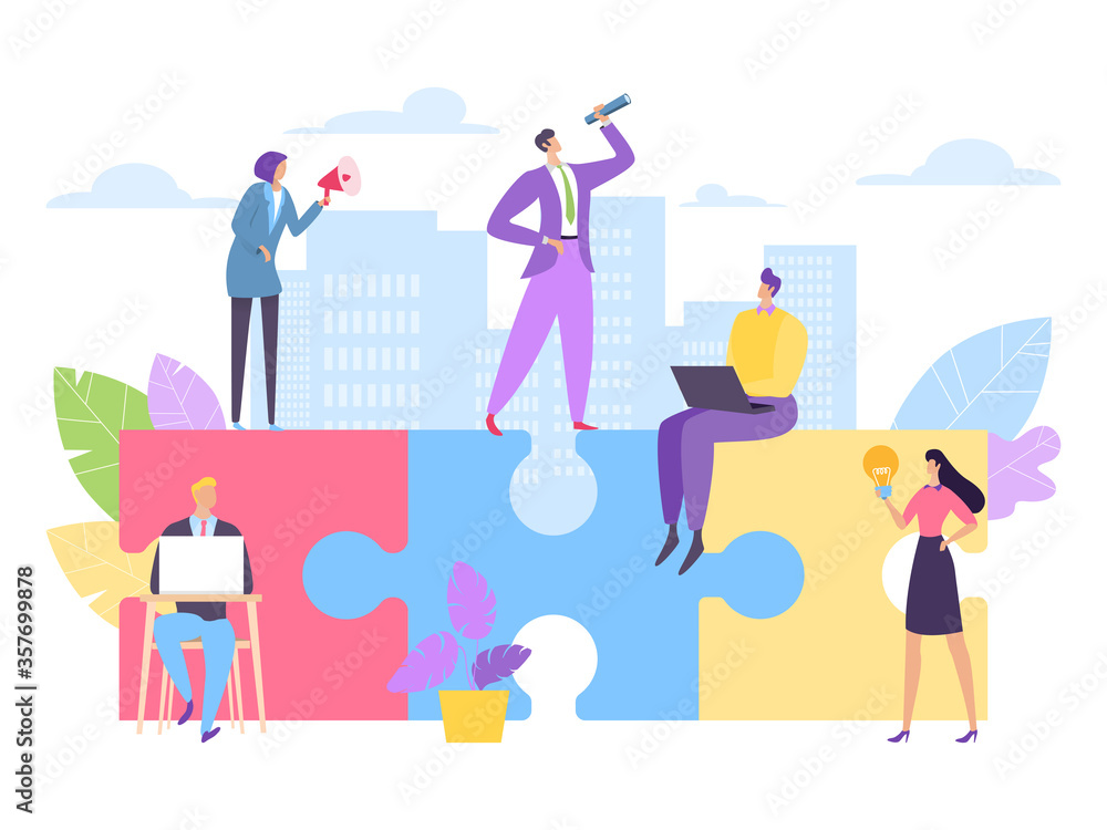 Team work, building business puzzle, vector illustration. People character together design idea and success strategy, partnership. Business cooperation communication, man woman promote and work.