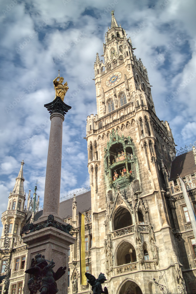 The New Town Hall and St. Marian column on the Marienplatz Munich, Germany.