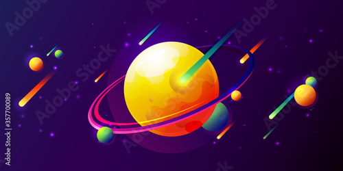 Fantasy colorful art with planets  rings  stars and comets. Cool cosmic background for game or poster design