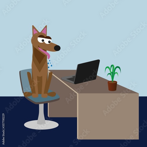 dog friendly office concept, funny vector characters of dog sitting on chair at the desk