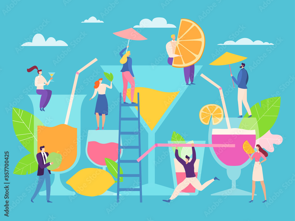 Cocktail concept, tiny people make summer drink, vector illustration. Cartoon man woman character near large glass, cold fruit juice, tropical beverage. People decorate glass with straw and umbrella.