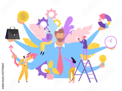 Business assistant in virtual work, computer concept vector illustration. Multitasking person office worker, cartoon character. Busy man with many hands help people, do tasks for company workers.