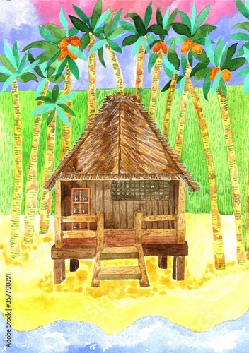 a watercolor illustration of a simple Hawaiian tourist beach house with an open veranda on the sand near the sea among palm trees on a summer day. Tourist postcard for beach holidays