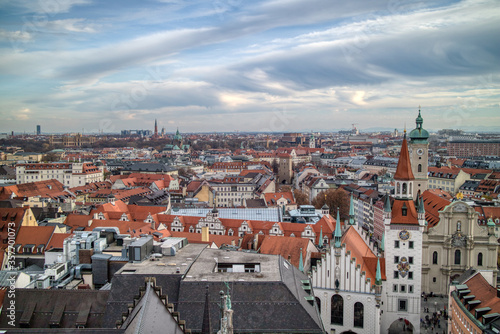 Panoramic urban landscape above historical part of Munich, Germany.