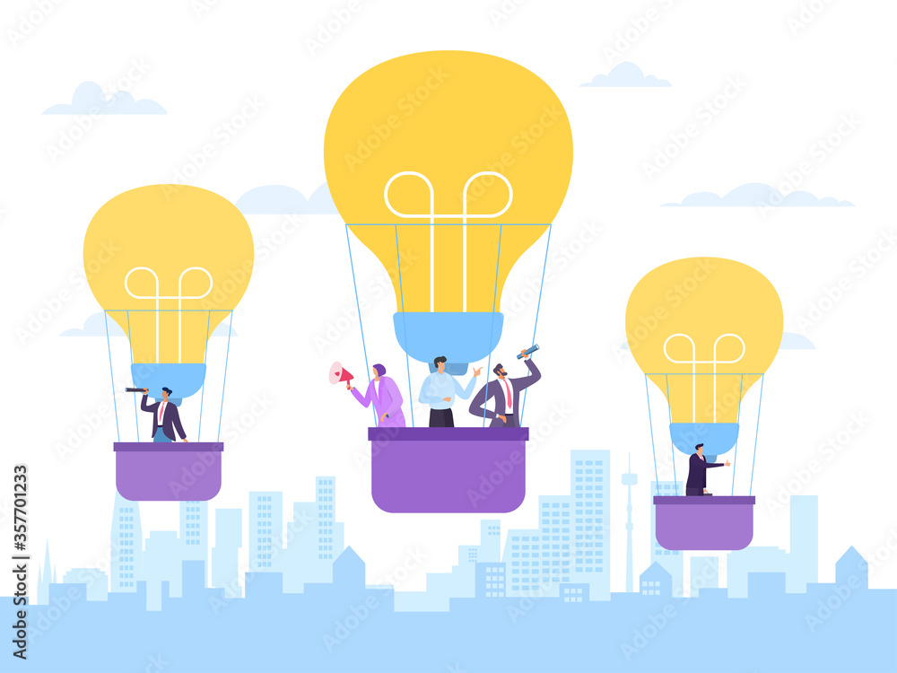 Flying hot air balloon, business idea, vector illustration. Innovation successful project, man woman people company employee. Character in cloud sky, city cartoon building background. Flying hot air balloon, business idea, vector illustration. Innovation successful project, man woman people company employee. Character in cloud sky, city cartoon building background.
