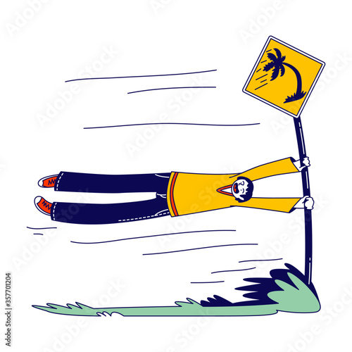 Happy Male Character Hanging on Road Sign with Palm Tree Blown with Strong Wind in Autumn Weather. Tropical Thunderstorm with Extremely Blowing Wind, Meteorology Forecast. Linear Vector Illustration
