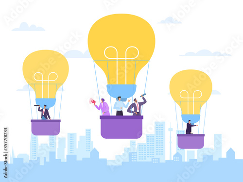 Flying hot air balloon, business idea, vector illustration. Innovation successful project, man woman people company employee. Character in cloud sky, city cartoon building background.