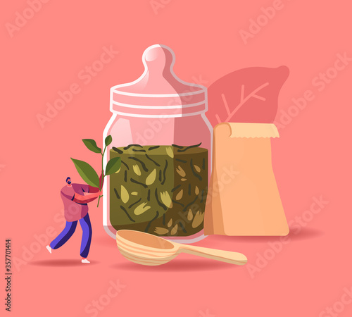 Tiny Male Character Holding Huge Tea Plant Branch with Glass Jar, Wooden Spoon and Paper Pack around. Host Waiting Guest Friends at Home for Tea Ceremony, Hospitality. Cartoon Vector Illustration