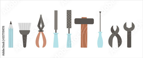 Vector tools set. Flat colored illustration with building, carpenter equipment for card, poster or flyer design. Woodwork, repair service or craft workshop concept