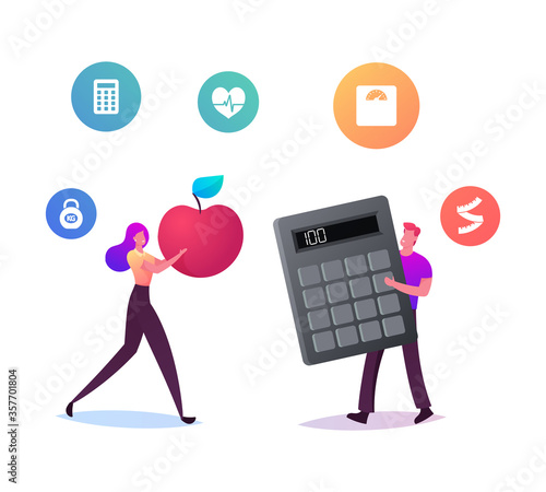 Dieting, Healthy Eating Concept. Tiny Male and Female Characters with Huge Apple and Calculator. People Counting Calories or Body Mass Index. Human Health, Weightloss. Cartoon Vector Illustration