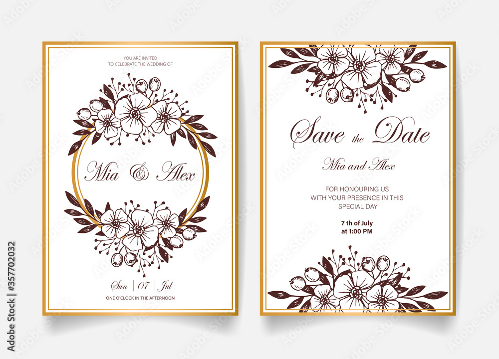 Wedding invitation card, save the date with golden frame, flowers, leaves and branches.
Wedding invitation card, save the date with golden frame, flowers, leaves and branches.